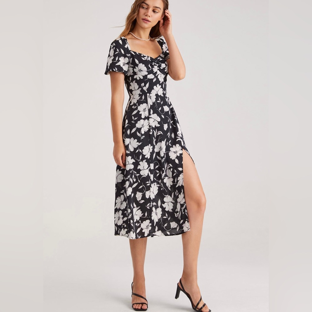 Short Puff Sleeves Square Neck Midi Slit Dress - Black